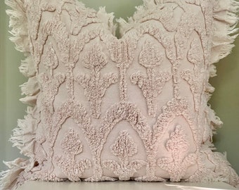Pink Beige Chenille Ruffle Pillow Cover, Cottage Chic Textured Pillow, Shabby French Farmhouse Decorative Decor, 20" x 20"