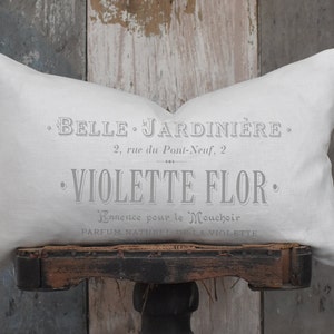 French Script Linen Lumbar Pillow, French Farmhouse Cushion, Shabby Bedroom Decor, French Country Cottage Home.