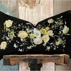 Black Floral Velvet Lumbar Pillow Cover, Vintage Decorative Neutral Throw Pillow, French Country Decor, Cottage Chic, 12” x 20”