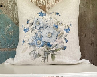 Beige and Blue Floral Linen Pillow Cover, Decorative Shabby Farmhouse Throw Pillow, French Country Decor, Cottage Chic.