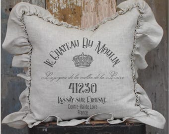 Beige Crown Linen Pillow Cover. Shabby French Country Pillow Cover. Cottage Chic Home, Modern Farmhouse. French Antiques. Personalized Gift.