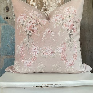 Roses and Bows Velvet Pillow Cover, Blush Pink Shabby French Country Pillow Cover, Cottage Chic Farmhouse, 18" x 18"