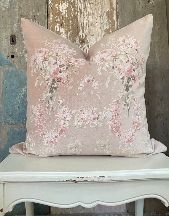 Roses and Bows Velvet Pillow Cover, Pink Beige Shabby French