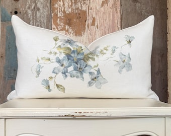 Blue Floral Linen Lumbar Pillow, Farmhouse Linen Pillow Cover, Shabby French Country Cottage Chic Decor, 12” x 20”