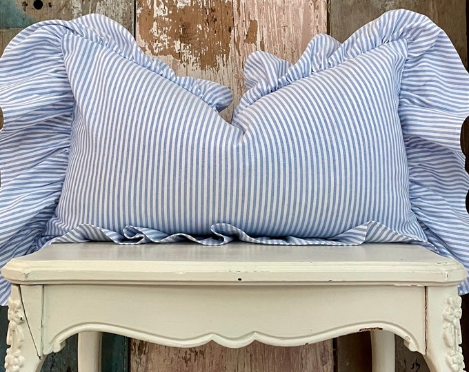 Striped Ruffle Lumbar Pillow Cover, Shabby French Country Summer Pillow
