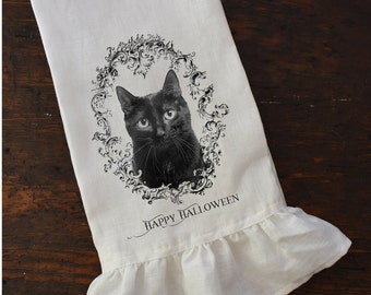 Halloween Cat Ruffle Tea Towel, Autumn Farmhouse Kitchen, Black and White Dishtowel.