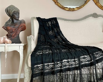 Black Ruffle Lace Throw, Elegant Whimsigoth Photography Prop, Cottage Chic Bed Scarf, Shabby Country Decor, Gothic Romantic Throw.