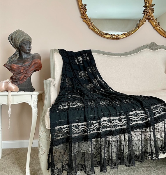 Black Ruffle Lace Throw, Elegant Whimsigoth Photography Prop, Cottage Chic Bed Scarf, Shabby Country Decor, Gothic Romantic Throw.