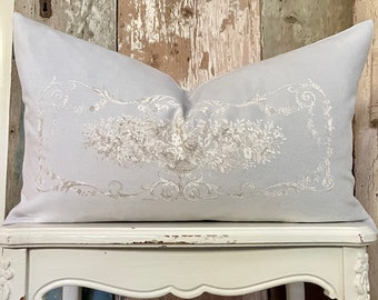 Light Blue Floral Velvet Lumbar Pillow Cover, Vintage Aubusson Throw Pillow, French Country Decor, Cottage Chic, 12” x 20”