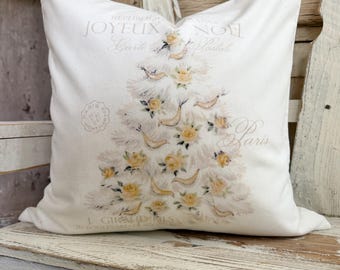 Shabby Christmas Tree Velvet Pillow Cover, Neutral Holiday Decor, Farmhouse Cottage Chic Decorations, 18" x 18"