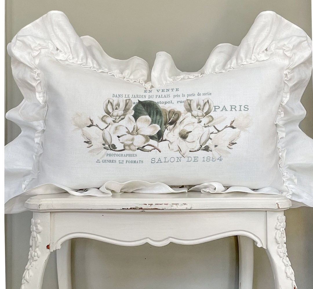 French Magnolia Ruffle Lumbar Pillow Cover, Farmhouse Linen Pillow