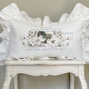 French Magnolia Ruffle Lumbar Pillow Cover, Farmhouse Linen Pillow Cover, Shabby French Country Decor, Cottage Chic Decor, Gift for Her.