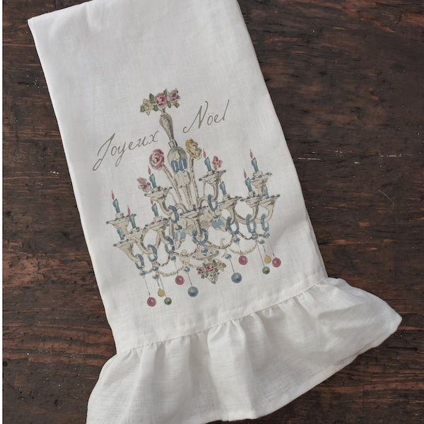 Shabby Christmas Chandelier Tea Towel, Holiday Ruffle Dishtowel, Vintage Farmhouse Kitchen, Cottage Chic.