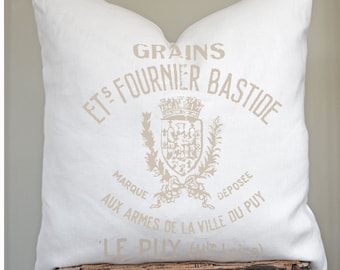 French Grain Sack Pillow Cover, Linen Farmhouse Decor, Distressed French Vintage Shield, Farmhouse Rustic Country Home.