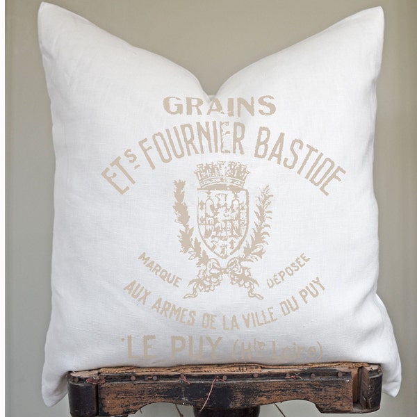 French Grain Sack Pillow Cover, Linen Farmhouse Decor, Distressed French Vintage Shield, Farmhouse Rustic Country Home.