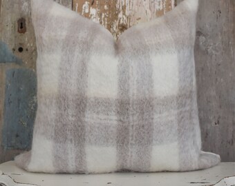 Mohair Plaid Neutral Pillow Cover, Taupe and Cream Wool Cushion Cover, Fall Farmhouse Decor, Hygge Living Room, Modern Rustic Country.