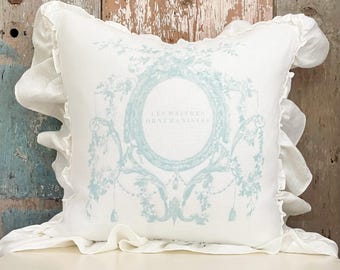 Blue French Country Ruffle Linen Pillow Cover, Shabby Cottagecore Farmhouse Decor, Romantic Cottage Chic , French Antiques.