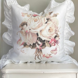 Rose Bouquet Ruffle Pillow Cover, French Country Pillow Cover. Shabby Decor, Cottage Chic, French Antiques.