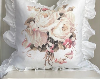 Rose Bouquet Ruffle Pillow Cover, French Country Pillow Cover. Shabby Decor, Cottage Chic, French Antiques.