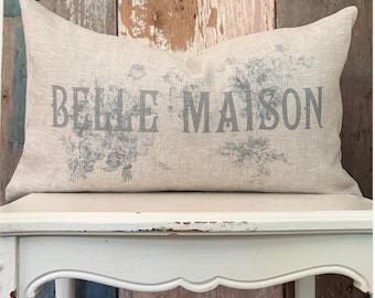 Belle Maison French Linen Lumbar Pillow, Cottage Summer Decor, Farmhouse Country Pillow.