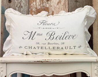 French Script White Ruffle Linen Lumbar Pillow, Cottage Summer Decor, Farmhouse Country Pillow.