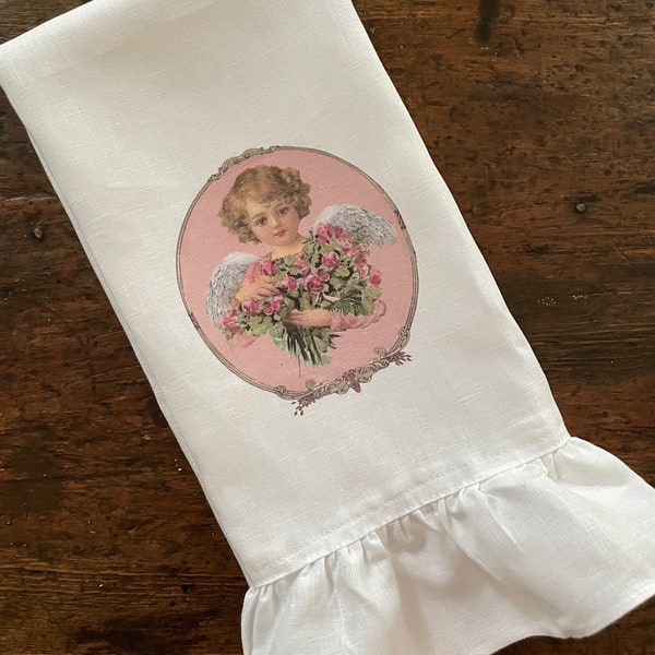 Valentine's Day Cherub Tea Towel, Cottage Chic Angel Ruffle Dishtowel, Shabby Farmhouse Country Cottage Kitchen.