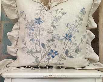 Beige and Blue Floral Linen Pillow Cover, Decorative Shabby Farmhouse Throw Pillow, French Country Decor, Cottage Chic.
