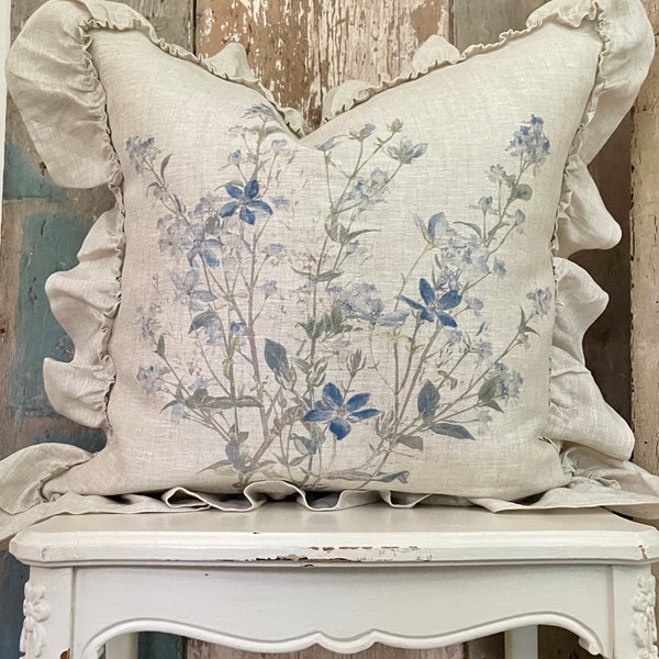 Beige and Blue Floral Linen Pillow Cover, Decorative Shabby Farmhouse Throw Pillow, French Country Decor, Cottage Chic.