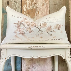 Neutral French Floral Ruffle Lumbar Pillow Cover, Farmhouse Linen Pillow Cover, Shabby French Country Decor, Cottage Chic Decor.
