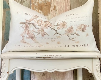 Neutral French Floral Ruffle Lumbar Pillow Cover, Farmhouse Linen Pillow Cover, Shabby French Country Decor, Cottage Chic Decor.