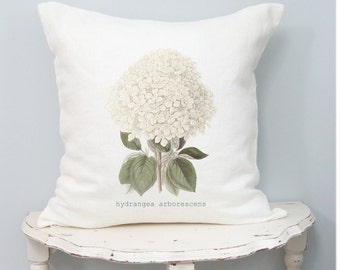 Floral Hydrangea Pillow Cover, Shabby French Farmhouse Country Pillow, Cottage Chic Designer Pillows, White Home Decor.