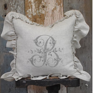 Initial Ruffle Linen Pillow Cover, Personalized Letter Beige Cushion, Swedish Farmhouse Rustic Country, Personalized Gift for Her.