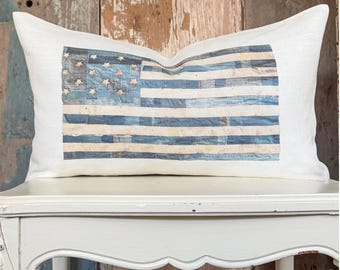Blue USA Flag Linen Lumbar Pillow Cover, Patriotic American Flag, Farmhouse Rustic Summer Country Decor.