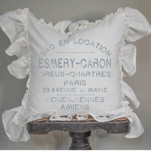 French Linen Ruffle Pillow Cover, Shabby Farmhouse Country Pillow Cover, French Antiques, Cottage Chic.