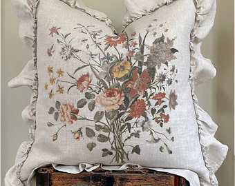 Fall Floral Ruffle Linen Pillow Cover, Decorative Neutral Farmhouse Throw Pillow, French Country Autumn Decor, Cottage Chic.