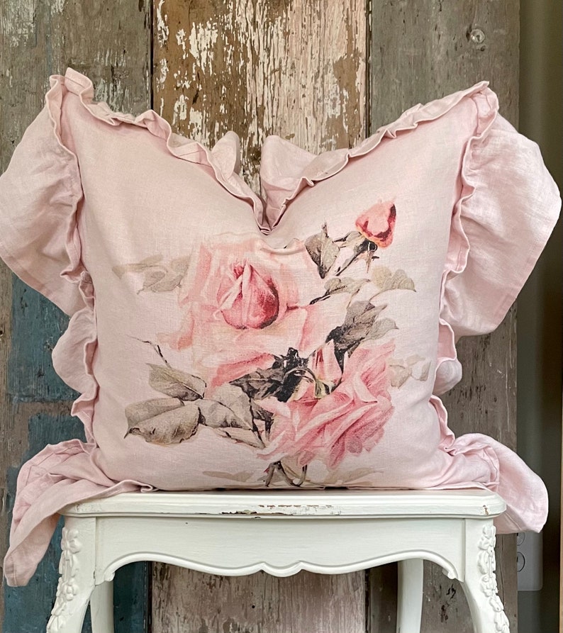 Cottage Chic Floral Spring Decor. Shabby Decor Blush Pink Rose Ruffle Pillow Cover French Country Cushion Cover
