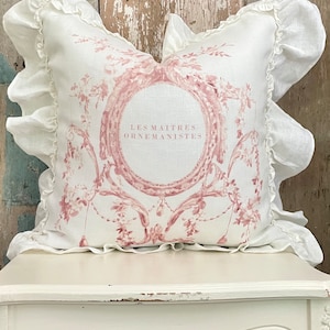 French Country Ruffle Linen Pillow Cover, Shabby Cottagecore Farmhouse Decor, Romantic Cottage Chic , French Antiques.