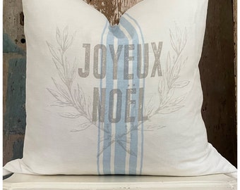 Joyeux Noel Blue Stripe Christmas Pillow Cover, Shabby Cottage Chic Holiday Decor, Farmhouse Grain Sack Cushion.