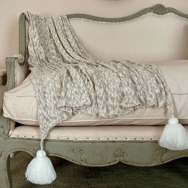 Neutral Knit Throw with Tassels, Cream and Beige Bed Scarf, Shabby French Country Decor, Cottage Chic All Season Blanket.