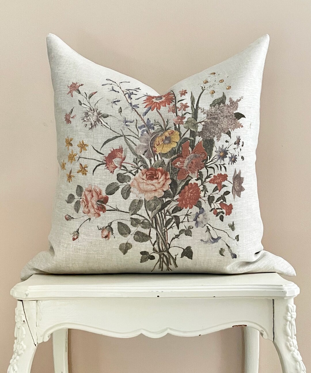 Neutral Floral Ruffle Linen Pillow Cover, Decorative Farmhouse Throw