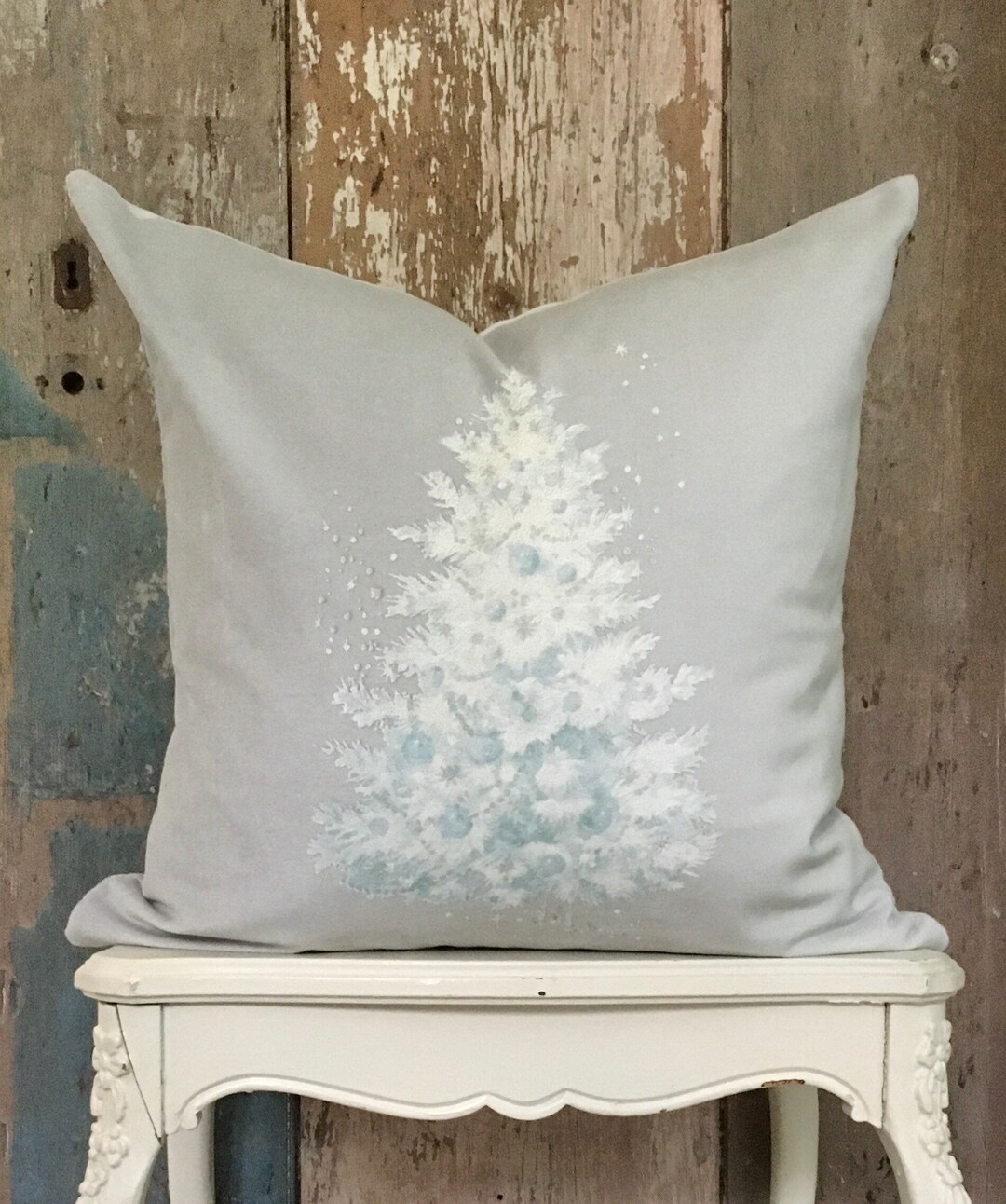 Light Blue Christmas Tree Velvet Pillow Cover, Shabby Cottage Chic ...