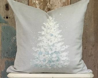 Light Blue Christmas Tree Velvet Pillow Cover, Shabby Cottage Chic Holiday Decor, Farmhouse Kitcsh.