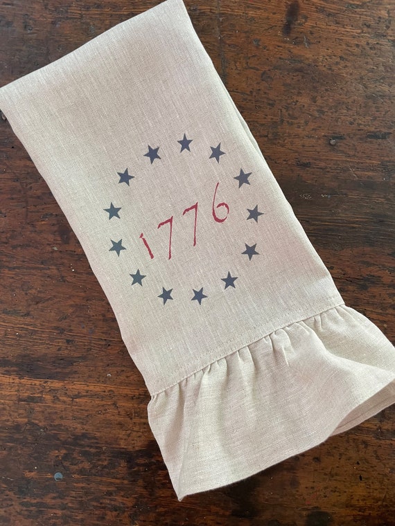Beige Patriotic 1776 Tea Towel, Vintage USA Flag Fourth of July Decoration, Americana Summer Farmhouse Kitchen Dishtowel.