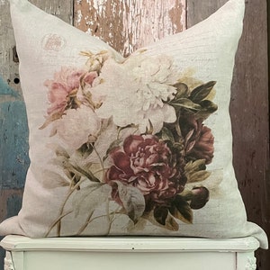 Peony Pillow Cover, Beige Linen Neutral Farmhouse Throw Pillow, French Country Decor, Cottage Chic.