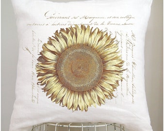 Sunflower Linen Pillow Cover, Neutral Decorative Floral Throw Pillow, Farmhouse Decor Rustic Country.