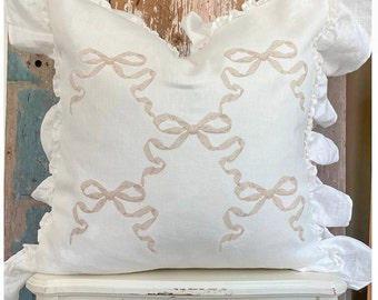 Bows and Ribbons Ruffle Pillow Cover, Shabby French Country Linen Pillow, French Antiques, Cottage Chic Summer Decor.