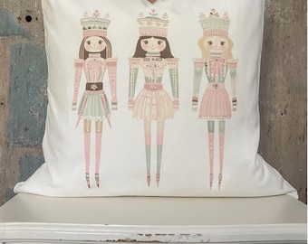 Christmas Nutcrackers Velvet Pillow Cover, Shabby Vintage Farmhouse Cottage Chic, Holiday Pillow, Pink and Green Kitsch Christmas.