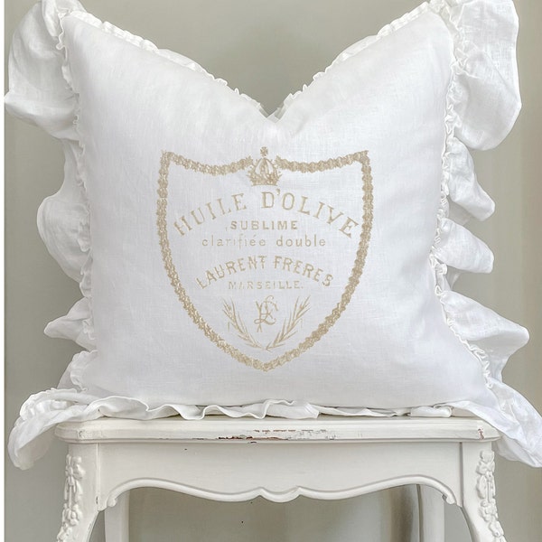 French Linen Ruffle Pillow Cover, Shabby Country Cushion Cover, Swedish Farmhouse, Cottage Chic Decor.