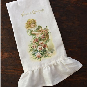 Valentine&#39;s Day Tea Towel, Cottage Chic Ruffle Dishtowel, Shabby Farmhouse Country Cottage Kitchen.