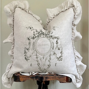 Linen Ruffle Pillow Cover, Shabby French Country Beige Pillow Cover, Cottage Chic Decor, French Antiques.